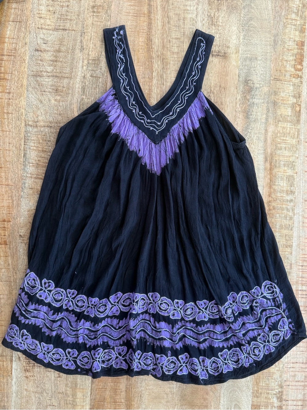 India Boutique Black Purple Embroidered Boho Gauze Babydoll Tank Top OS